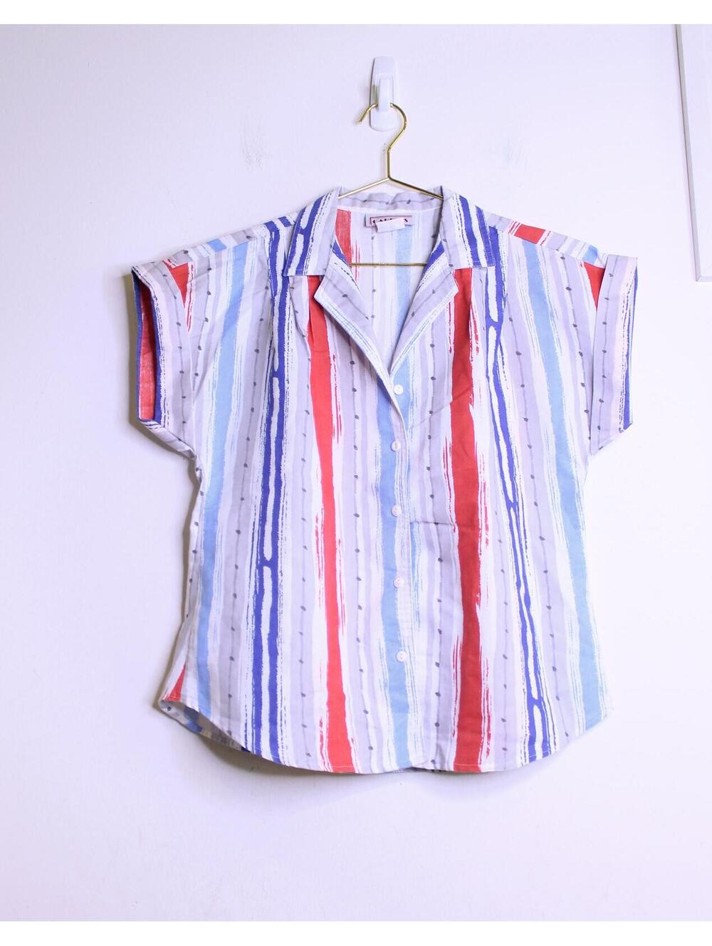 VTG Red Gray & Blue Abstract Stripe Short Sleeve Blouse - Medium